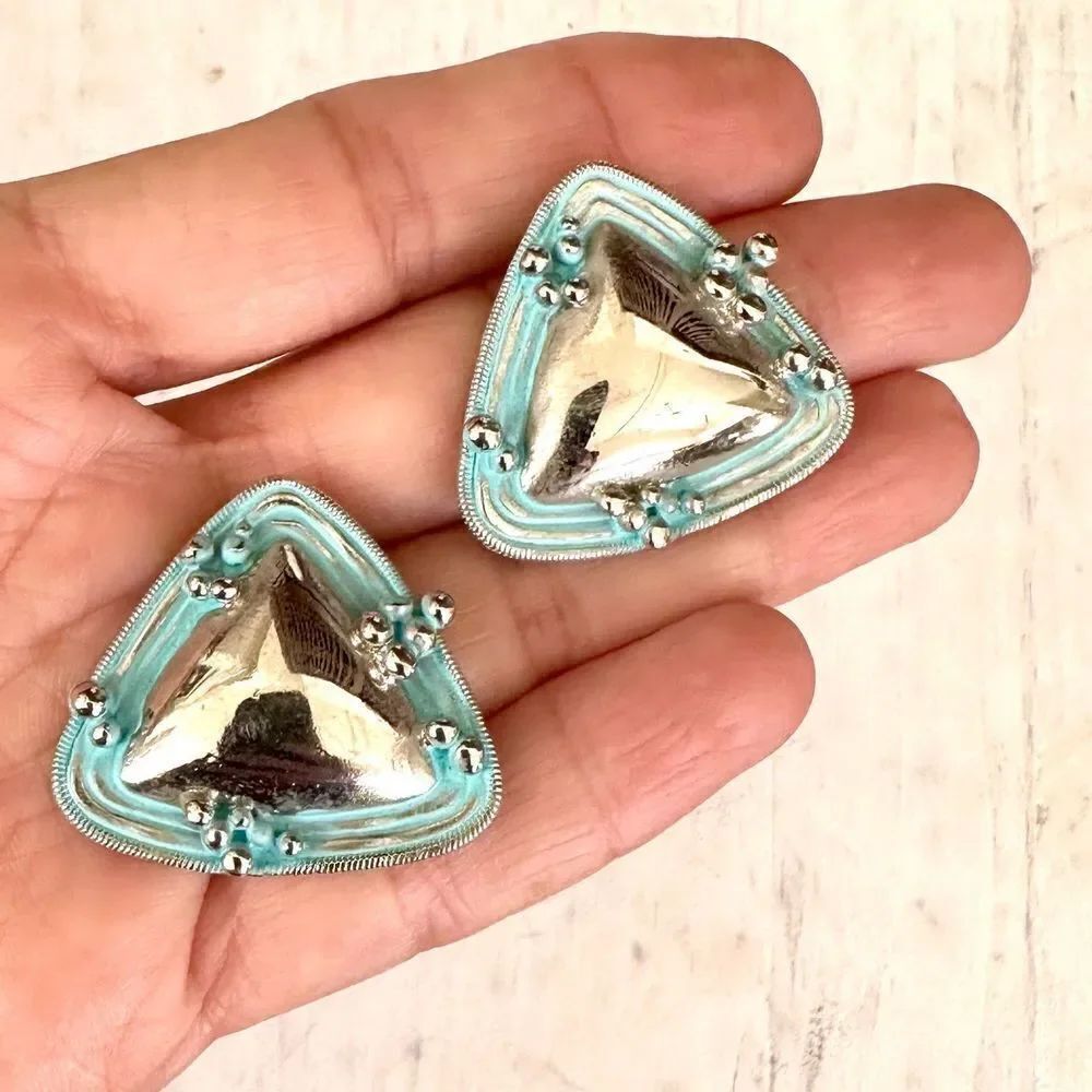 Blue and silver tone triangle post earrings